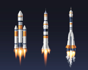 Poster - Modern space rockets set isolated on black background. Vector realistic illustration of futuristic spaceship launch, shuttles taking off, engine fire and smoke, cosmos exploration, scientific mission