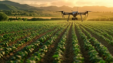 Poster - massive agricultural field where drones and robots work tirelessly to grow crops in a fully automated, human-free process.