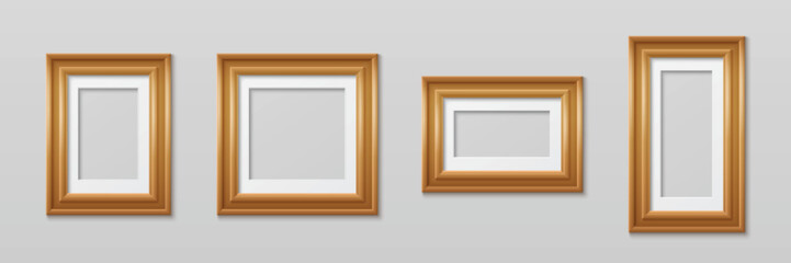 Poster - Photo frames set isolated on background. Vector realistic illustration of blank wooden borders for picture, certificate or art work, home, office or gallery interior decoration, painting exhibition