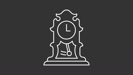 Poster - Animated vintage pendulum white icon. Old standing clock line animation. Moving weight. Time tracking. Isolated illustration on dark background. Transition alpha video. Motion graphic