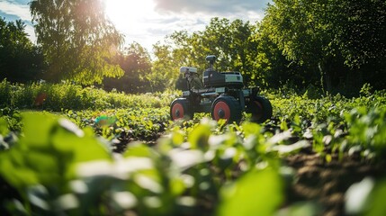 Poster - agricultural ecosystem where robots perform tasks based on data collected by sensors, from planting to harvest.