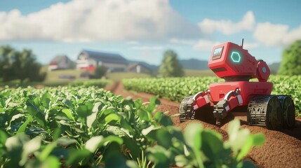 Poster - agricultural ecosystem where robots perform tasks based on data collected by sensors, from planting to harvest.