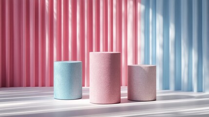 Poster - Textured pink and blue cylindrical podiums against pastel striped background, minimalistic modern design. Creative product display concept