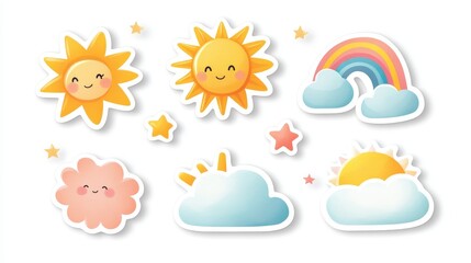 colorful cartoon weather elements featuring sun, clouds, rainbow, and stars against a white backgrou