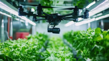 Poster - farm where autonomous drones optimize the use of water, light, and nutrients to grow crops sustainably.