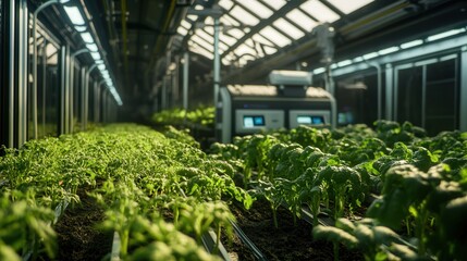 Poster - machines autonomously cultivating and harvesting crops in an environment with no human labor involved, powered by AI