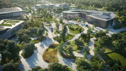 Poster - new tech campus under development, with futuristic design elements and green spaces being incorporated during construction.