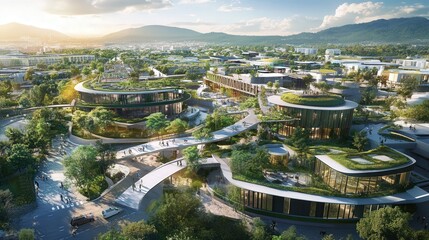 Poster - new tech campus under development, with futuristic design elements and green spaces being incorporated during construction.