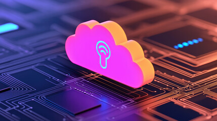 Poster - Cloud storage Globalization communication network Colorful cloud icon with wireless symbol on digital circuit background