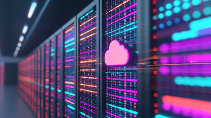 Poster - Cloud storage Globalization communication network Digital cloud storage with vibrant data streams in server room