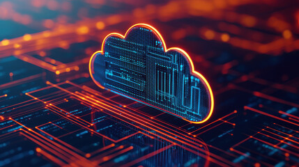 Poster - Cloud storage Globalization communication network Digital cloud with circuit patterns and glowing lines in blue and orange hues