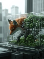 Poster - a cybernetic fox running through a forest where trees are made of transparent OLED screens displaying real-time weather data, futuristic nature redefined, ultra-detailed textures