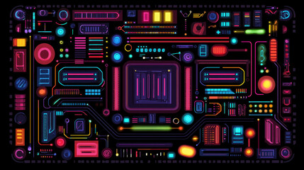 Poster - Cloud storage Globalization communication network Futuristic circuit board design with vibrant neon colors and patterns