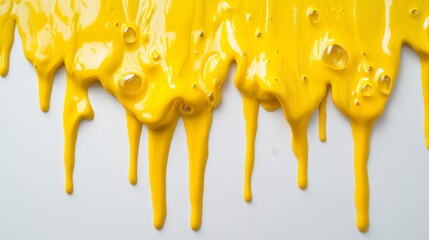 Poster - Yellow paint flowing onto a white surface with a glossy texture, creating a vibrant and artistic pattern. Creative color fluidity concept