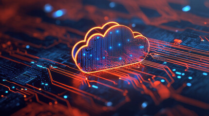 Fototapete - Cloud storage Globalization communication network glowing cloud symbol digital circuit board background, representing technology and data storage