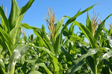 Beautiful corn plants growing under a bright vibrant blue sky