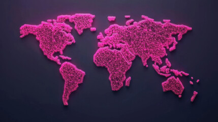 Poster - Cloud storage Globalization communication network Digital world map in neon pink color with interconnected lines