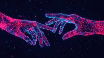 Poster - Cloud storage Globalization communication network Digital hands reaching out, connected by glowing lines and particles