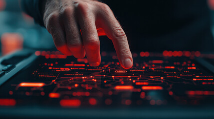 Poster - Cloud storage Globalization communication network hand interacting with glowing red touchscreen interface, showcasing technology