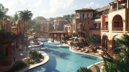 Poster - luxury resort, with multiple buildings under construction. focus on the pool areas and spa facilitie