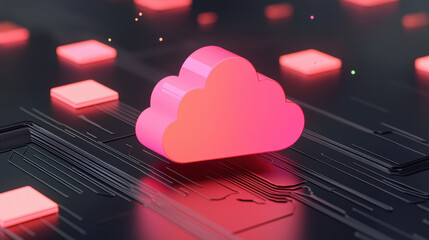 Poster - Cloud storage Globalization communication network vibrant pink cloud icon dark circuit board background, symbolizing technology and connectivity