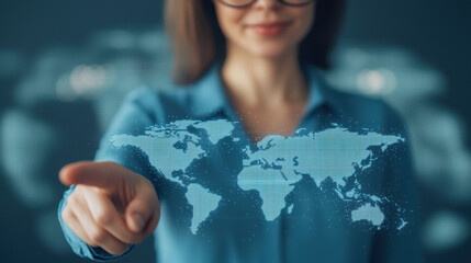 Poster - Cloud storage Globalization communication network Digital world map projection by woman in glasses