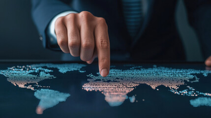 Poster - Cloud storage Globalization communication network Businessman pointing at digital world map on touchscreen display, technology