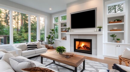 Wall Mural - Cozy living room with fireplace, large windows, and built-in shelving.