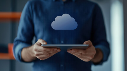 Poster - Cloud storage Globalization communication network Cloud technology concept with tablet in hands