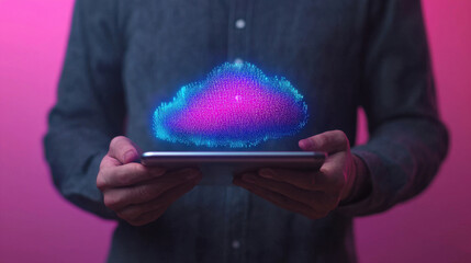 Poster - Cloud storage Globalization communication network Digital cloud hologram displayed on tablet, showcasing technology and innovation