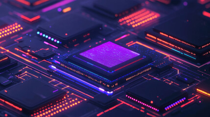Fototapete - Cloud storage Globalization communication network Futuristic circuit board with glowing components and vibrant colors