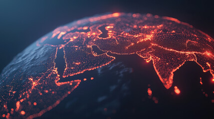 Poster - Cloud storage Globalization communication network glowing map of Europe and Asia with bright red lights representing cities and roads