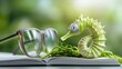 © milenialdesastudio - Green seahorse figurine on open book with glasses, nature background.