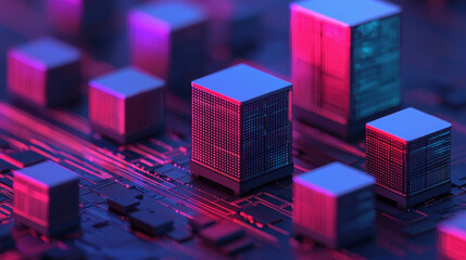 Fototapete - Cloud storage Globalization communication network High tech microchips on circuit board with vibrant neon colors