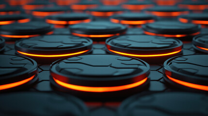 Poster - Cloud storage Globalization communication network Futuristic black discs with glowing orange edges on textured surface
