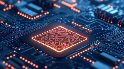 Fototapete - Cloud storage Globalization communication network High tech circuit board with glowing microchip and intricate patterns