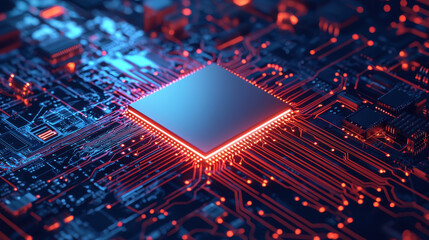Fototapete - Cloud storage Globalization communication network close up view of computer circuit board with glowing components and connections