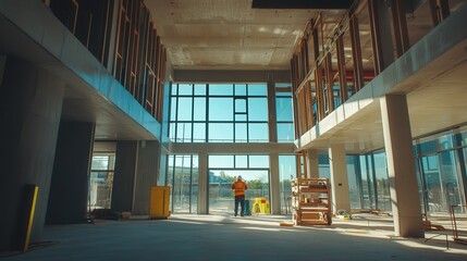 Poster - contemporary library under construction, with large glass windows and concrete walls being installed. Focus on the structural elements
