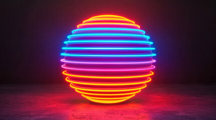 Poster - Cloud storage Globalization communication network Neon glowing sphere with colorful stripes in dark background