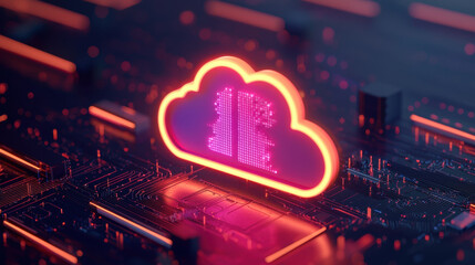 Poster - Cloud storage Globalization communication network Neon cloud symbol on circuit board, representing digital technology and data storage