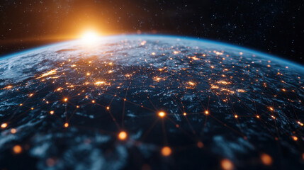 Poster - Cloud storage Globalization communication network Earth from space with glowing cities and network connections