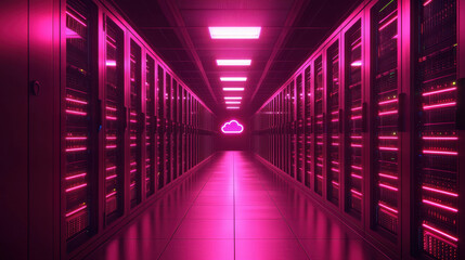 Poster - Cloud storage Globalization communication network futuristic data center with pink lighting and cloud symbol