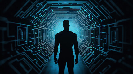 Fototapete - Cloud storage Globalization communication network silhouette of person in futuristic digital tunnel with blue patterns