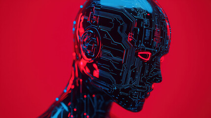 Poster - Cloud storage Globalization communication network Futuristic robot head with glowing circuits on red background