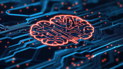 Fototapete - Cloud storage Globalization communication network Digital brain design with circuit patterns and glowing lines