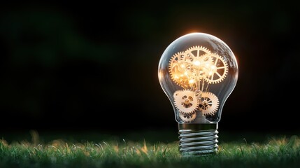 Poster - A light bulb with gears and cogs inside, illustrating the connection between ideas, innovation, and technological advancement.