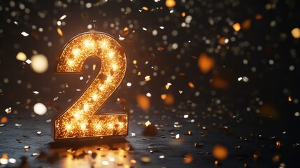 Poster - Golden number two with sparkling lights and confetti on dark background, celebratory concept