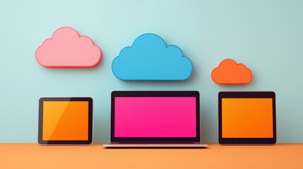 Poster - Cloud storage Globalization communication network Modern devices with colorful cloud icons on vibrant background