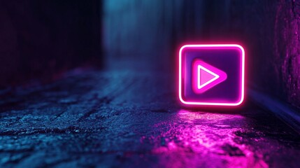 Poster - Glowing neon play button in purple and pink on wet urban pavement at night, futuristic digital concept