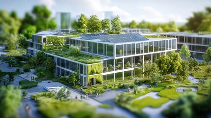 Poster - new sustainable office building under construction, with green spaces and solar panels integrated into the design.